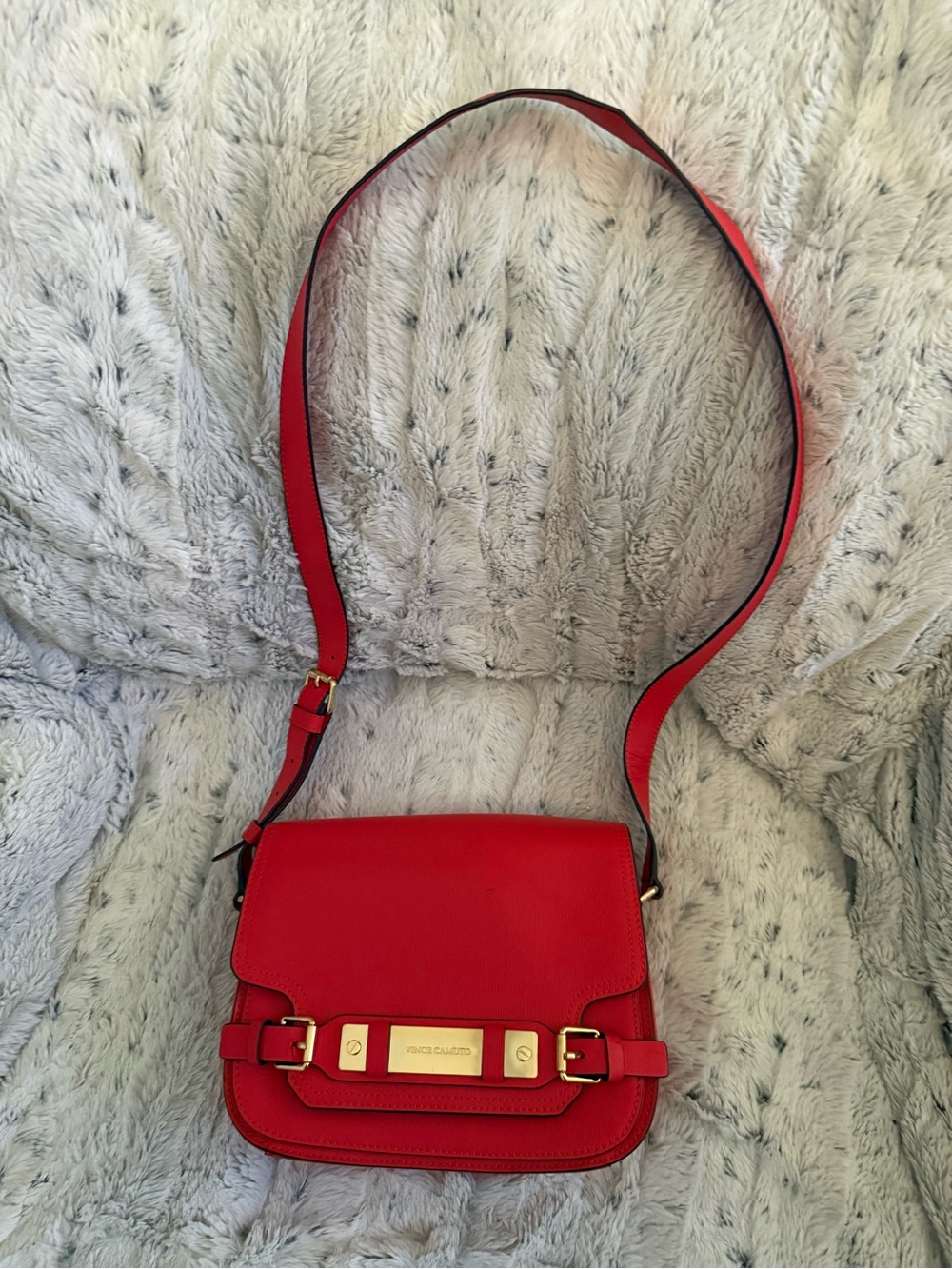 Vince Camuto Red Leather Flap Crossbody with Gold Plate